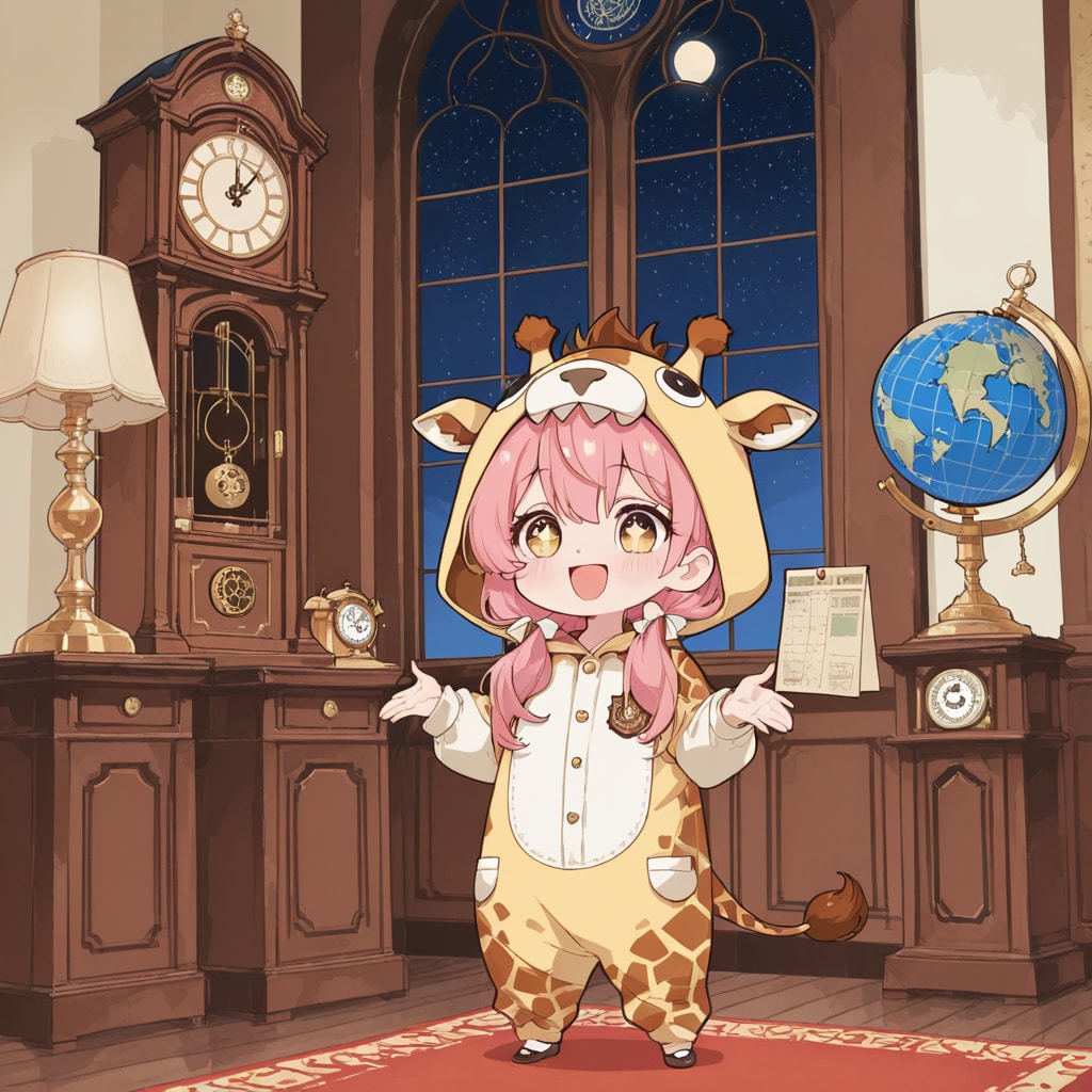 時計と地球儀とキリン着ぐるみちび子ちゃん