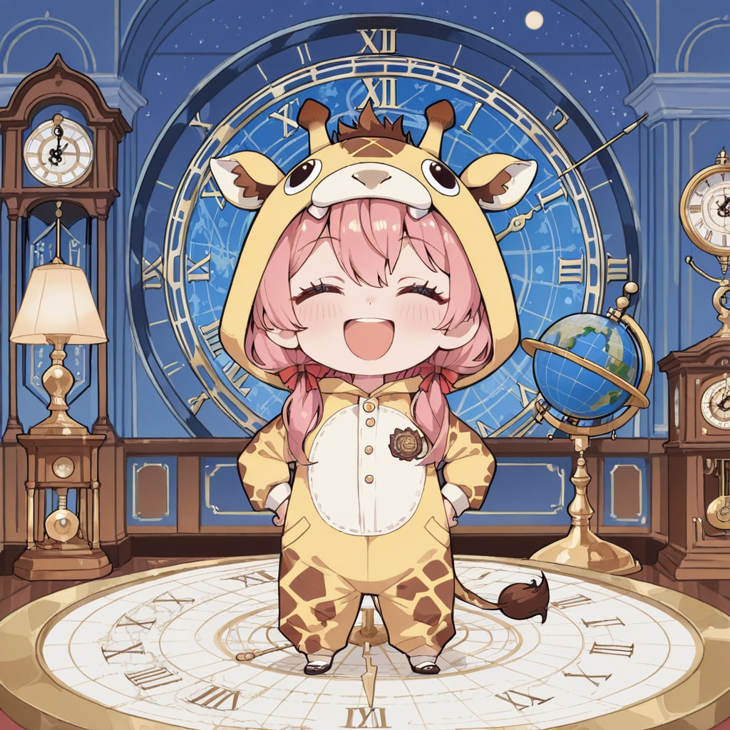 時計と地球儀とキリン着ぐるみちび子ちゃん