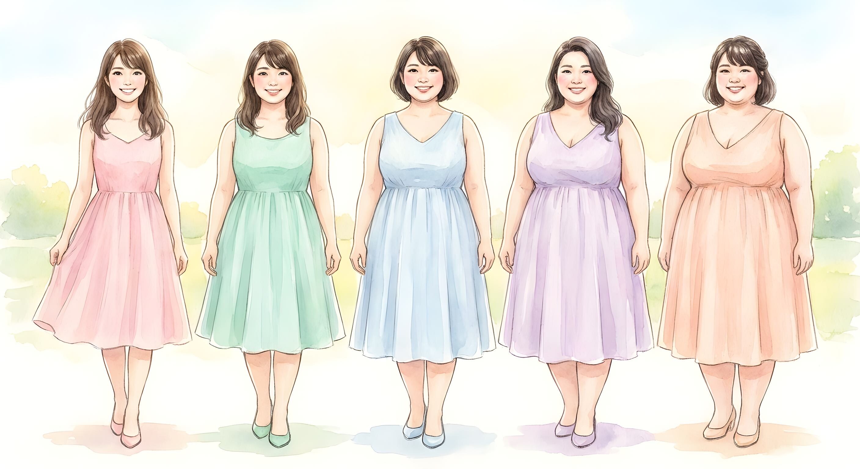 ぽっちゃり体型の女性を5段階に区分けして横に並べた美しい水彩画 | の人気AIイラスト・グラビア