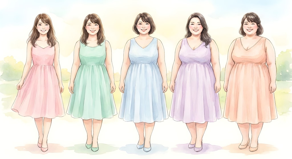 ぽっちゃり体型の女性を5段階に区分けして横に並べた美しい水彩画