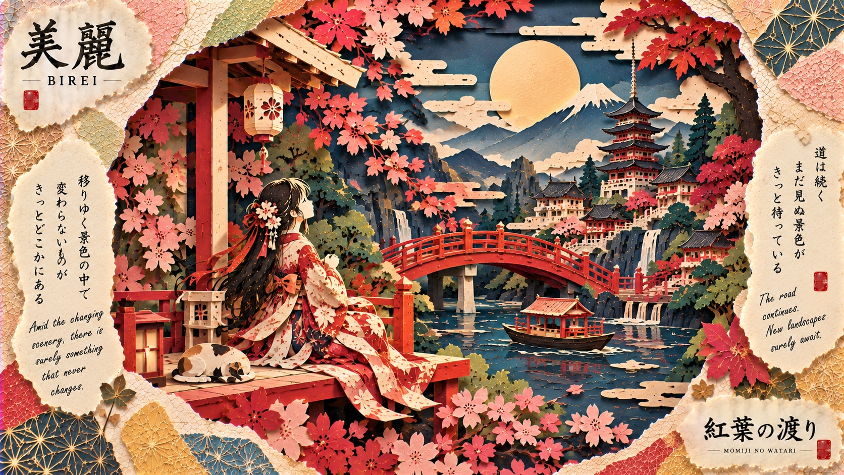 A kimono girl and her cat resting on a lantern-lit porch, watching a red bridge arch toward a moonli | の人気AIイラスト・グラビア