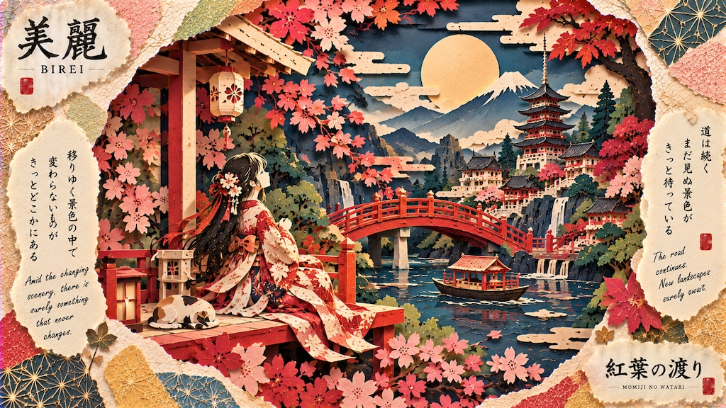A kimono girl and her cat resting on a lantern-lit porch, watching a red bridge arch toward a moonli