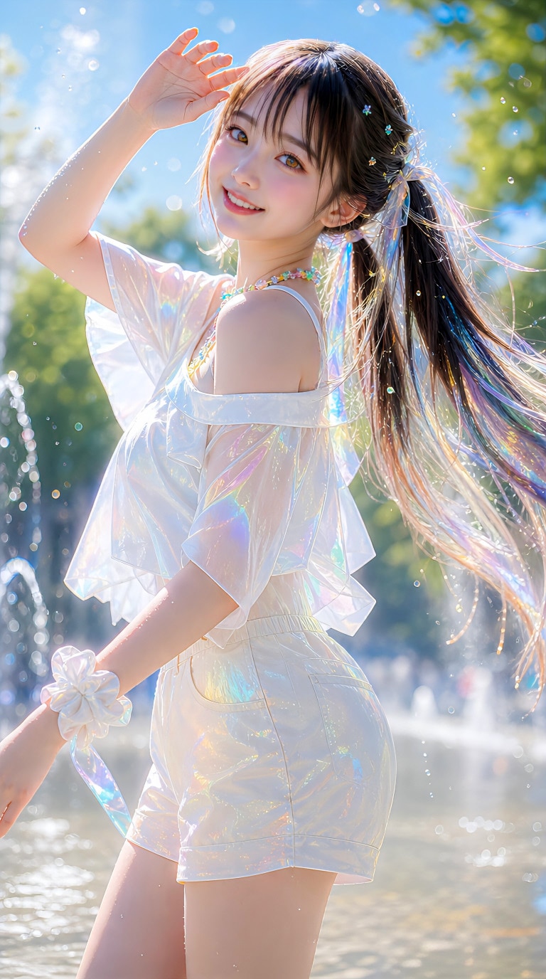 虹色の光を浴びる夏の微笑み
