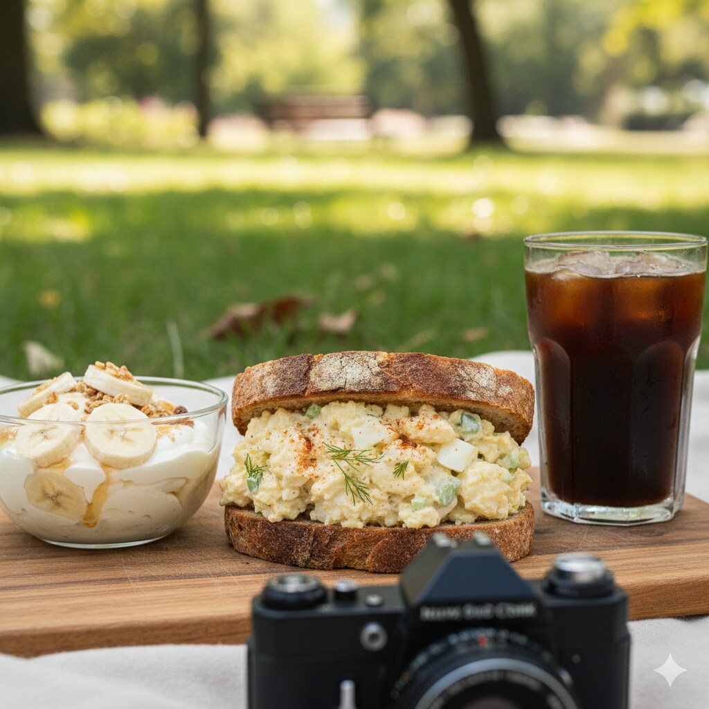 【昼食】ポテトサラダサンドイッチ、バナナヨーグルト、アイスコーヒー