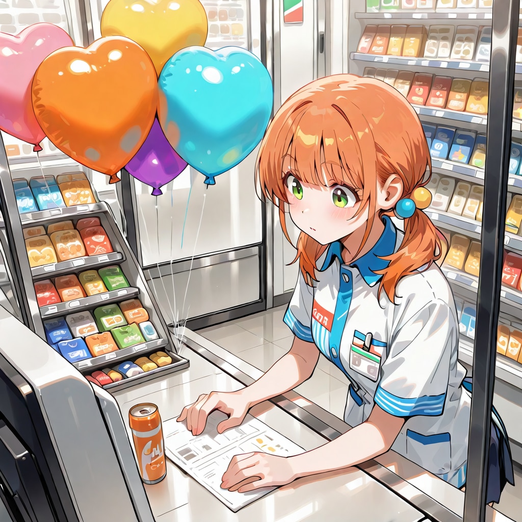 いっぱい色とりどりのハート風船を持つオレンジ髪ツインテールのコンビニ店員の美女