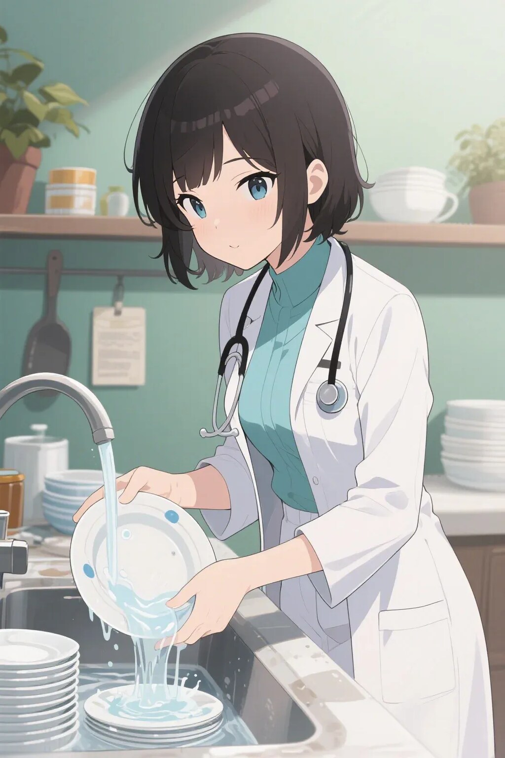 皿洗いをする女医