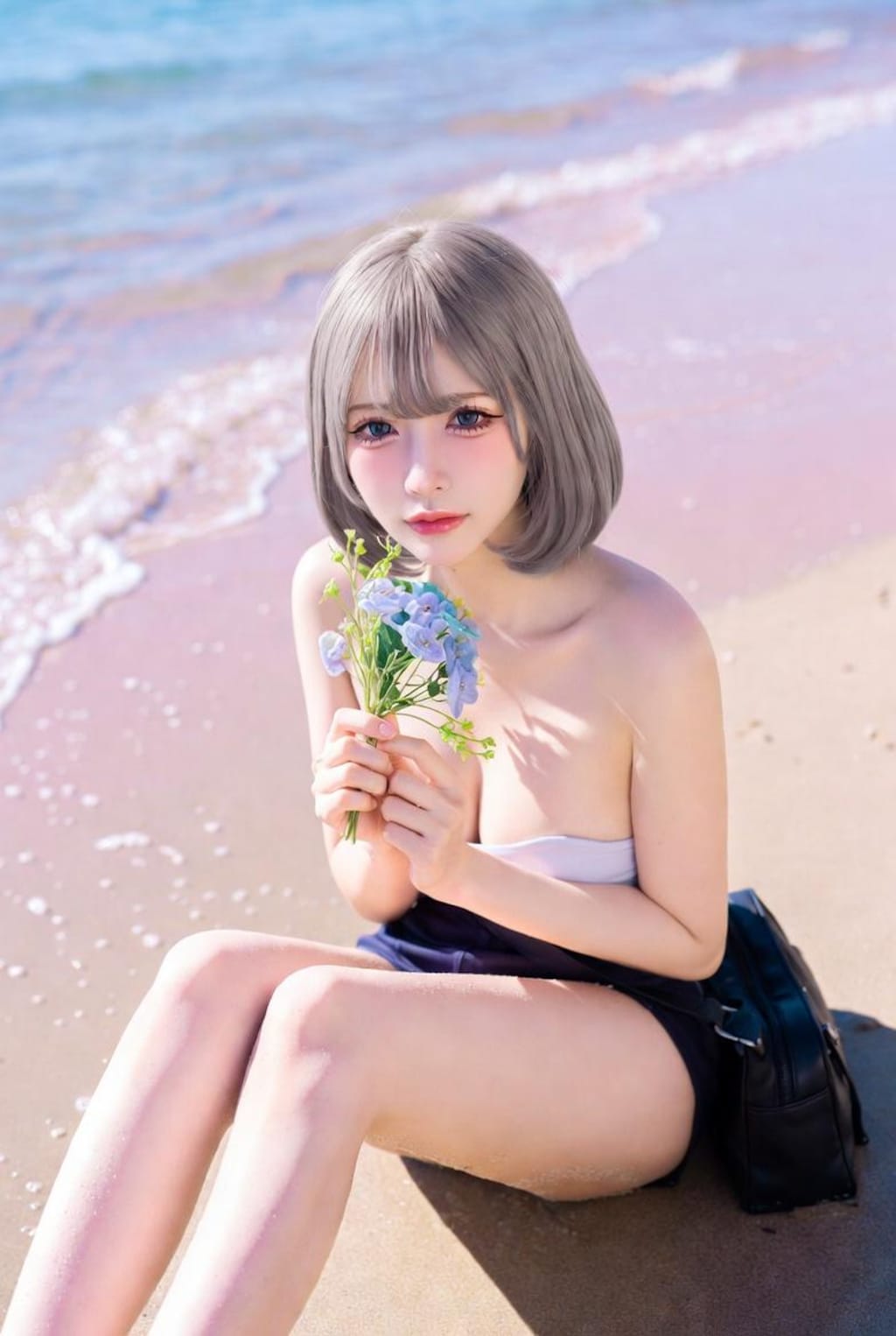 パステル海に座る地雷系女子