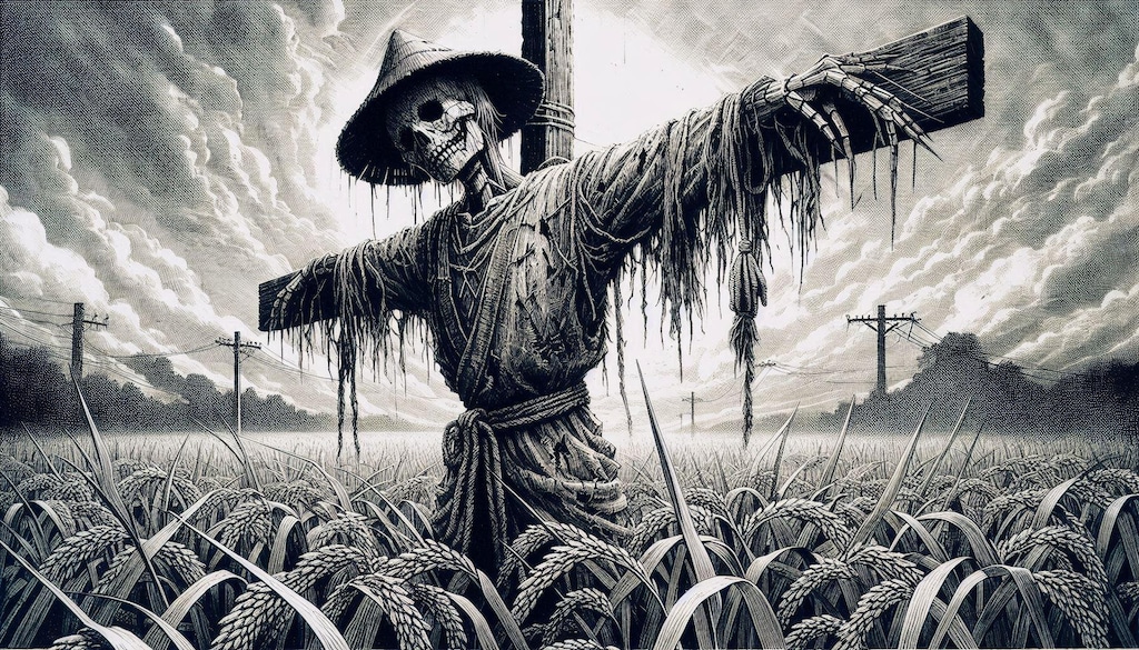 案山子が立ってる♪のどかな田園風景♪・・（ただし、場所はホラーゲームの舞台になりそうな村😖💦）