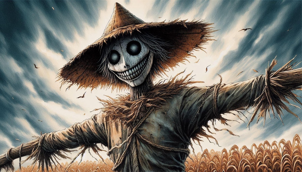 案山子が立ってる♪のどかな田園風景♪・・（ただし、場所はホラーゲームの舞台になりそうな村😖💦）