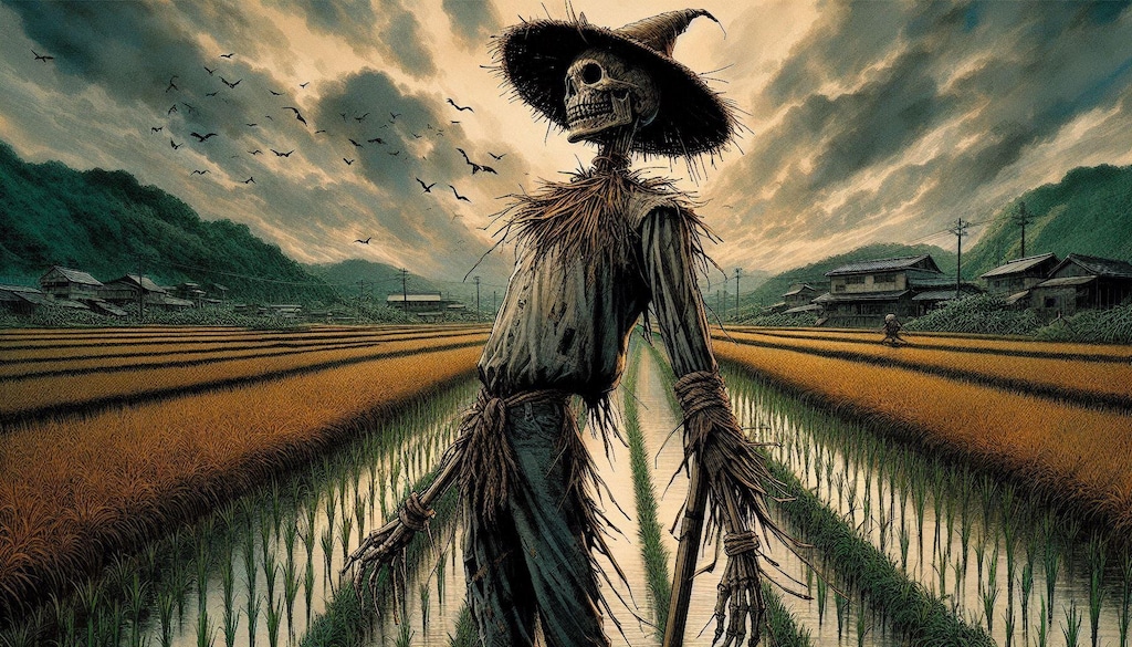 案山子が立ってる♪のどかな田園風景♪・・（ただし、場所はホラーゲームの舞台になりそうな村😖💦）