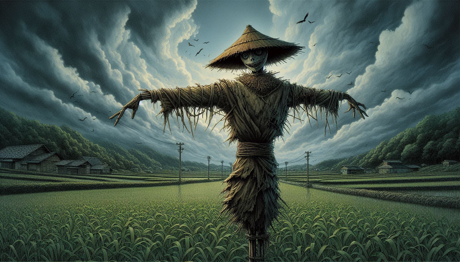 案山子が立ってる♪のどかな田園風景♪・・（ただし、場所はホラーゲームの舞台になりそうな村😖💦） | の人気AIイラスト・グラビア