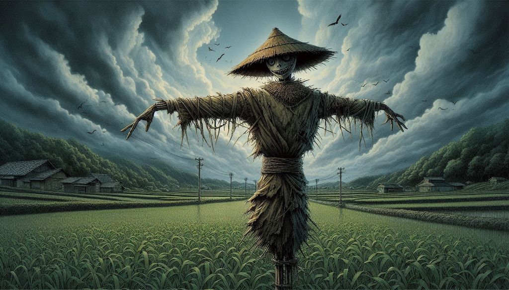 案山子が立ってる♪のどかな田園風景♪・・（ただし、場所はホラーゲームの舞台になりそうな村😖💦）