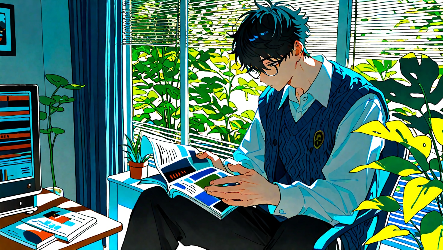 Young man reading a magazine
