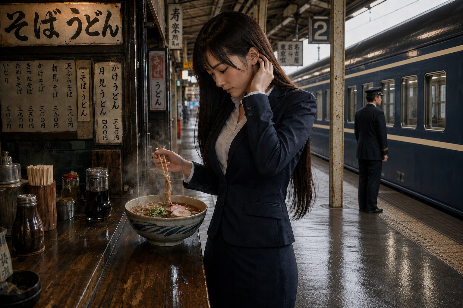 スーツで立ち食いそば