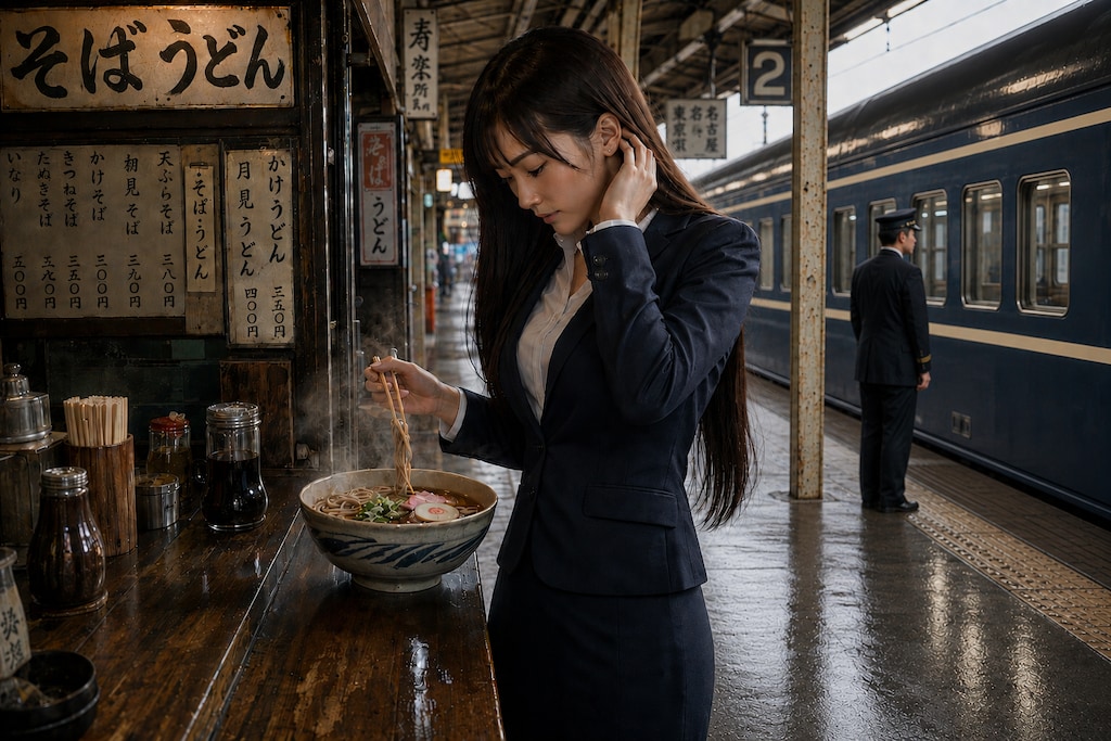 スーツで立ち食いそば