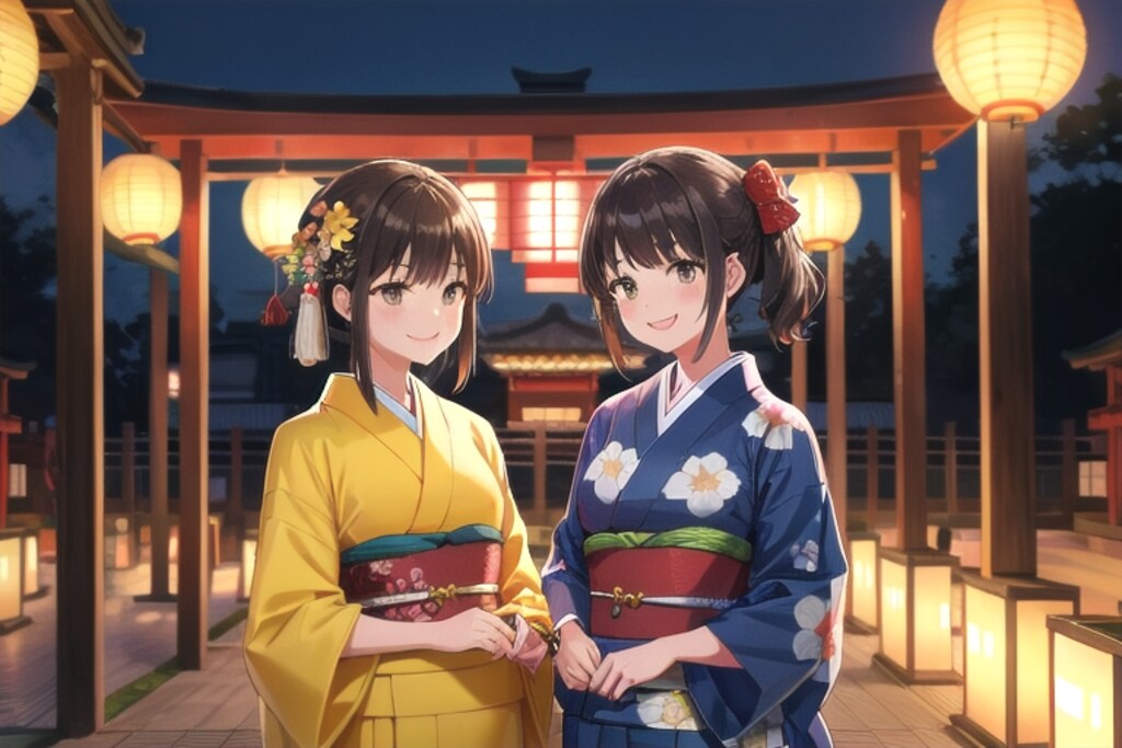 夏の夜、伝統の装いの少女