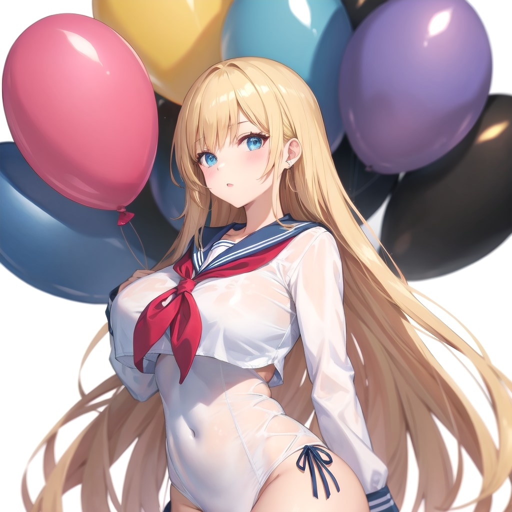 いっぱい色とりどりの風船を持つブロンドロングのセーラー服着た美少女