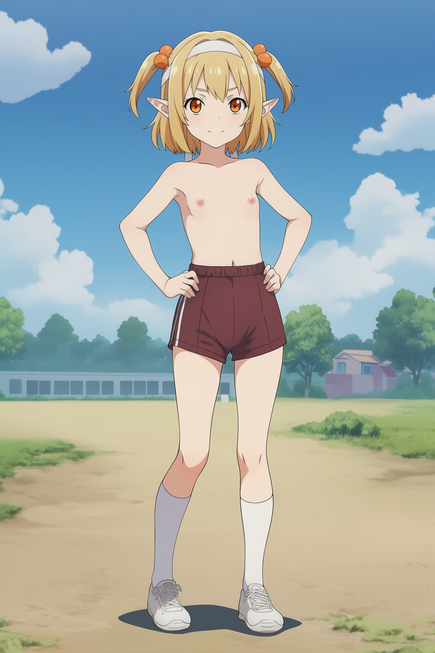 上半身裸+体操着の短パンのエルフさん