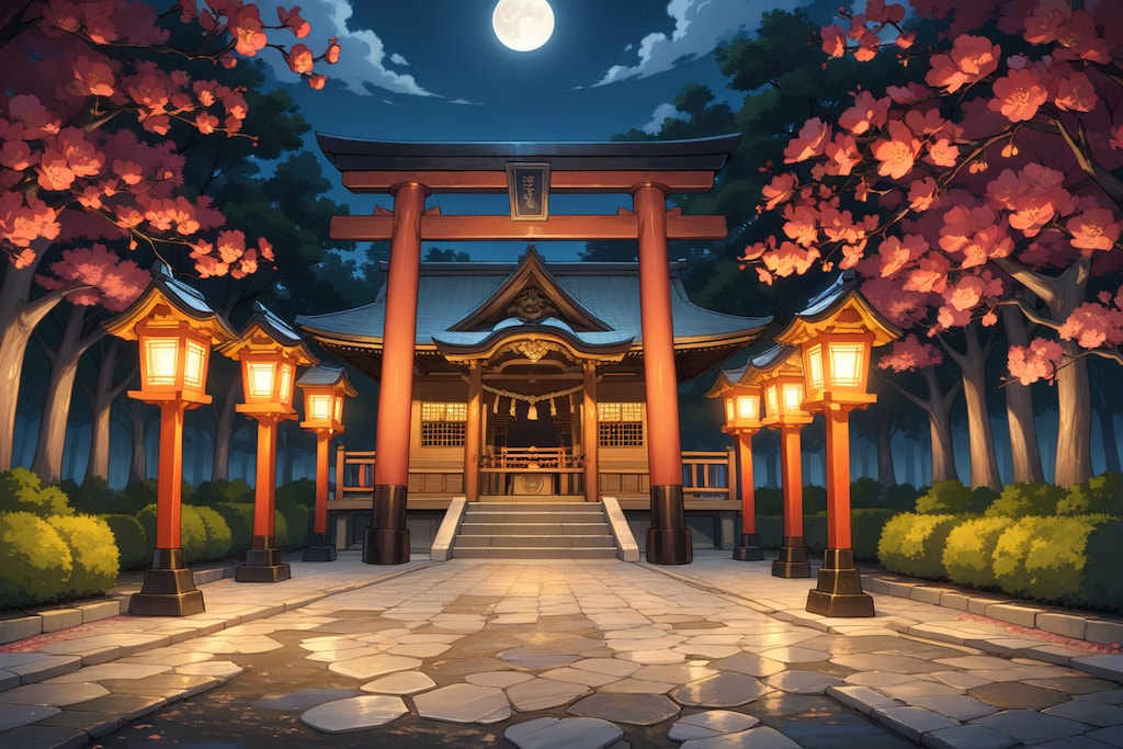 夜の神社と梅