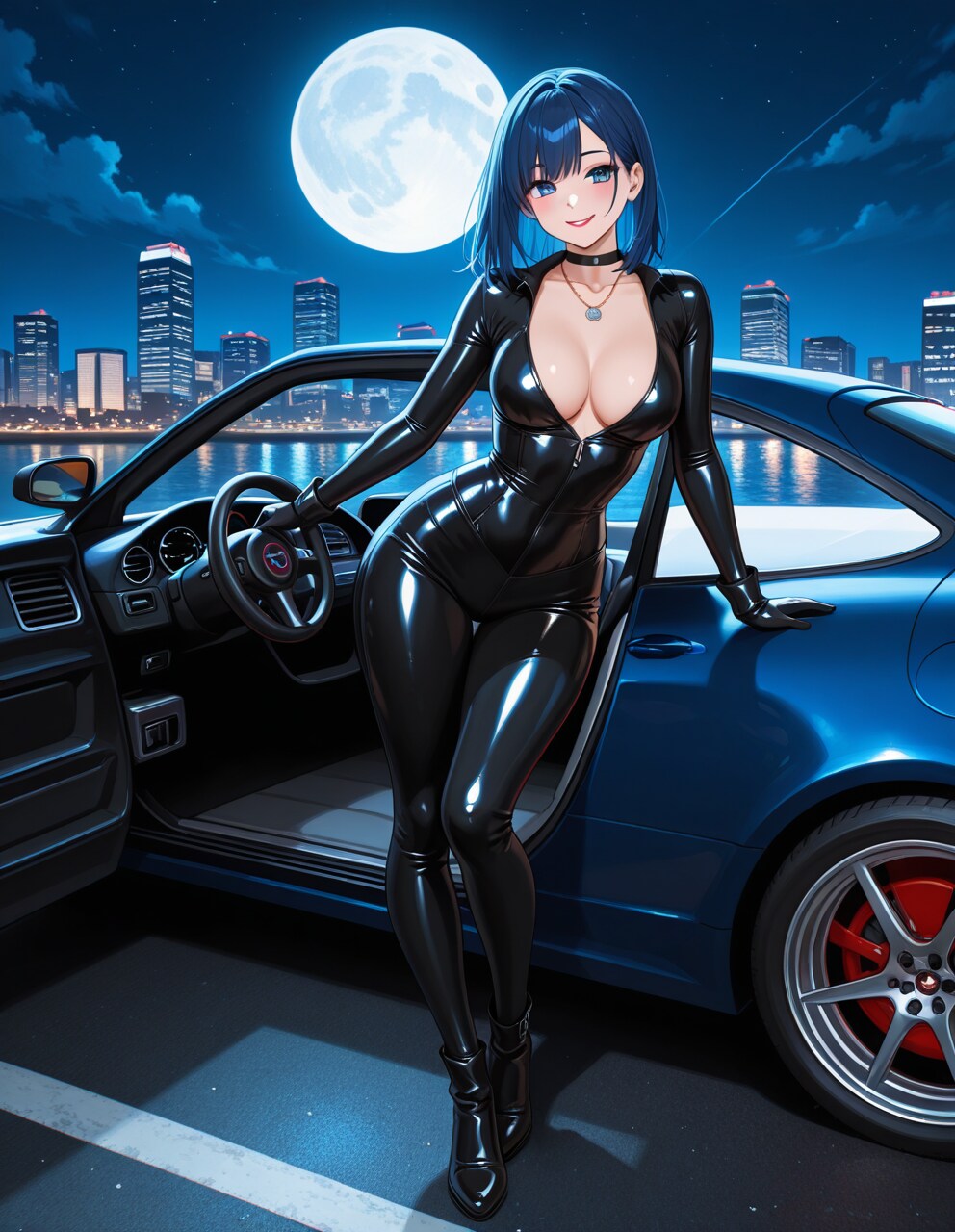 ラバースーツの眞琴さんとスポーツカー(PixAI版)