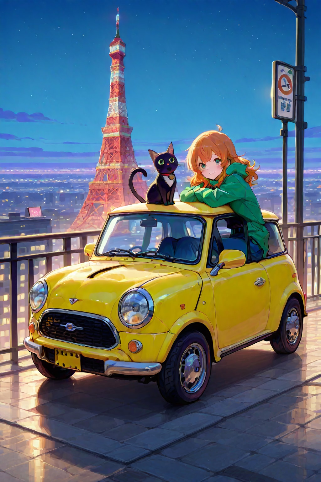 黄色い車と赤い塔