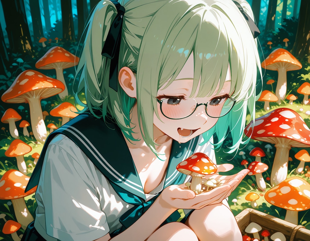 キノコの森に迷い込んだ眼鏡っ娘女子高生