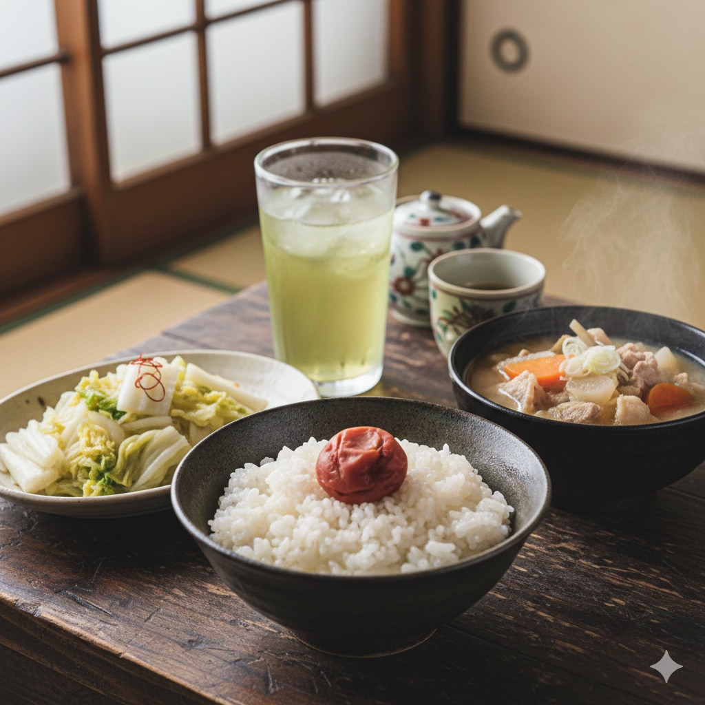 【朝食】白菜の浅漬、梅干し、白米、豚汁、緑茶 | の人気AIイラスト・グラビア