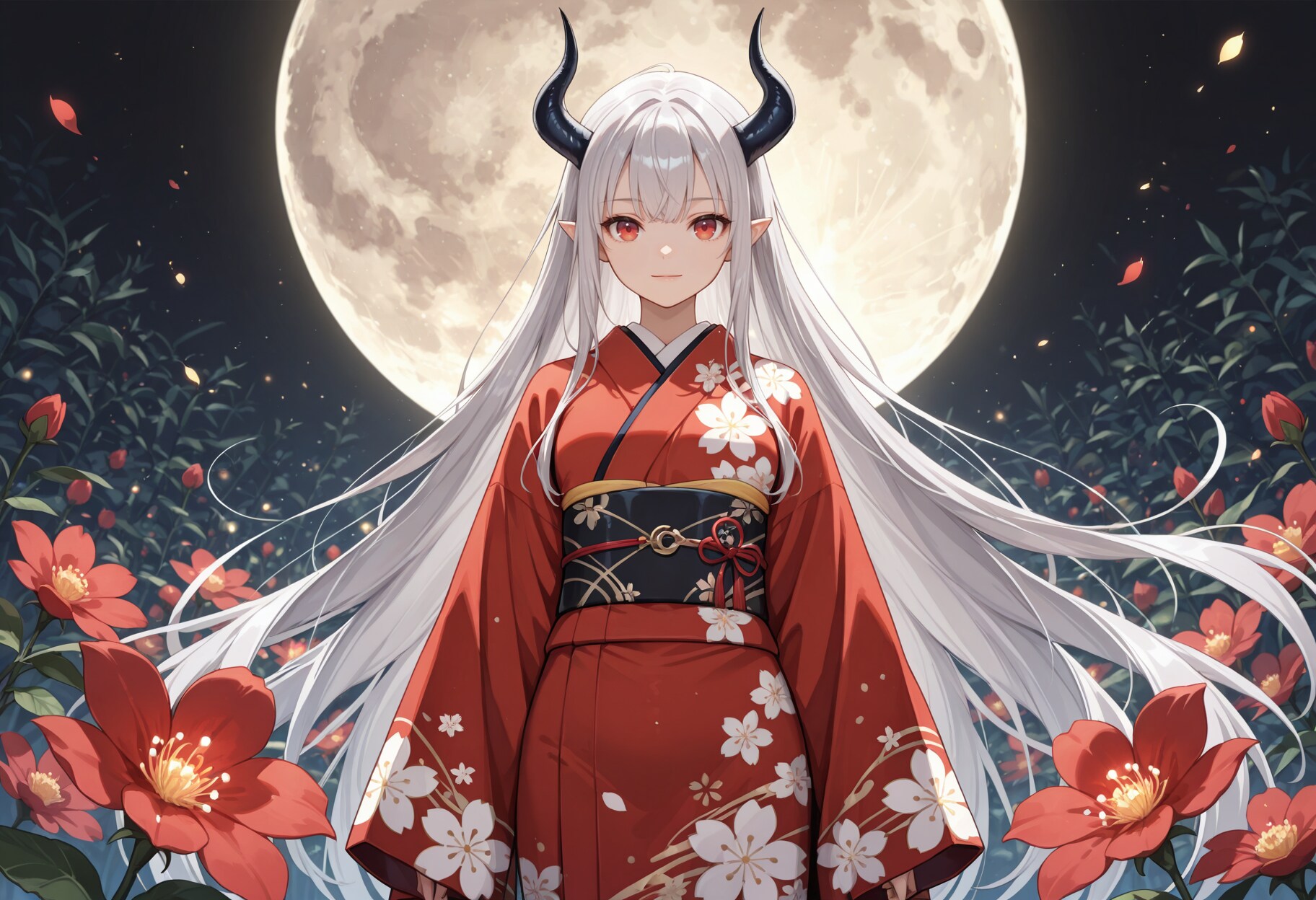 紅い着物と月下の銀髪竜姫さん