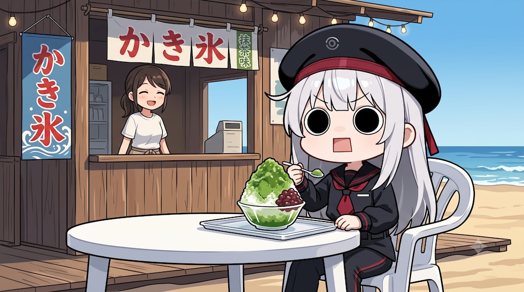 抹茶かき氷を頂くえらいこっちゃ嬢
