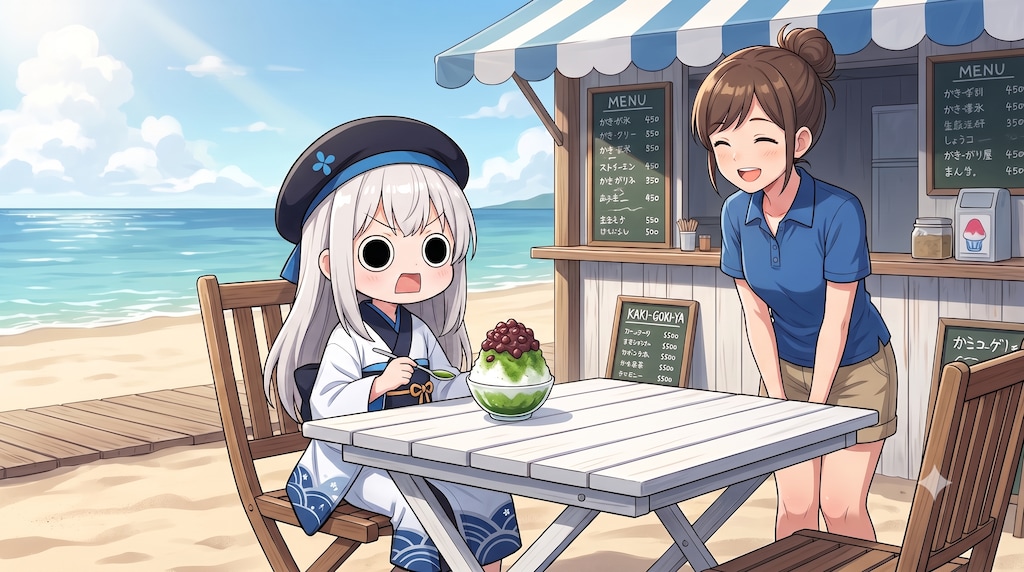 抹茶かき氷を頂くえらいこっちゃ嬢