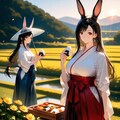 水彩アニメ風おにぎり食べるうさ耳兎娘サムライコスプレ人妻ピクニック 2枚目