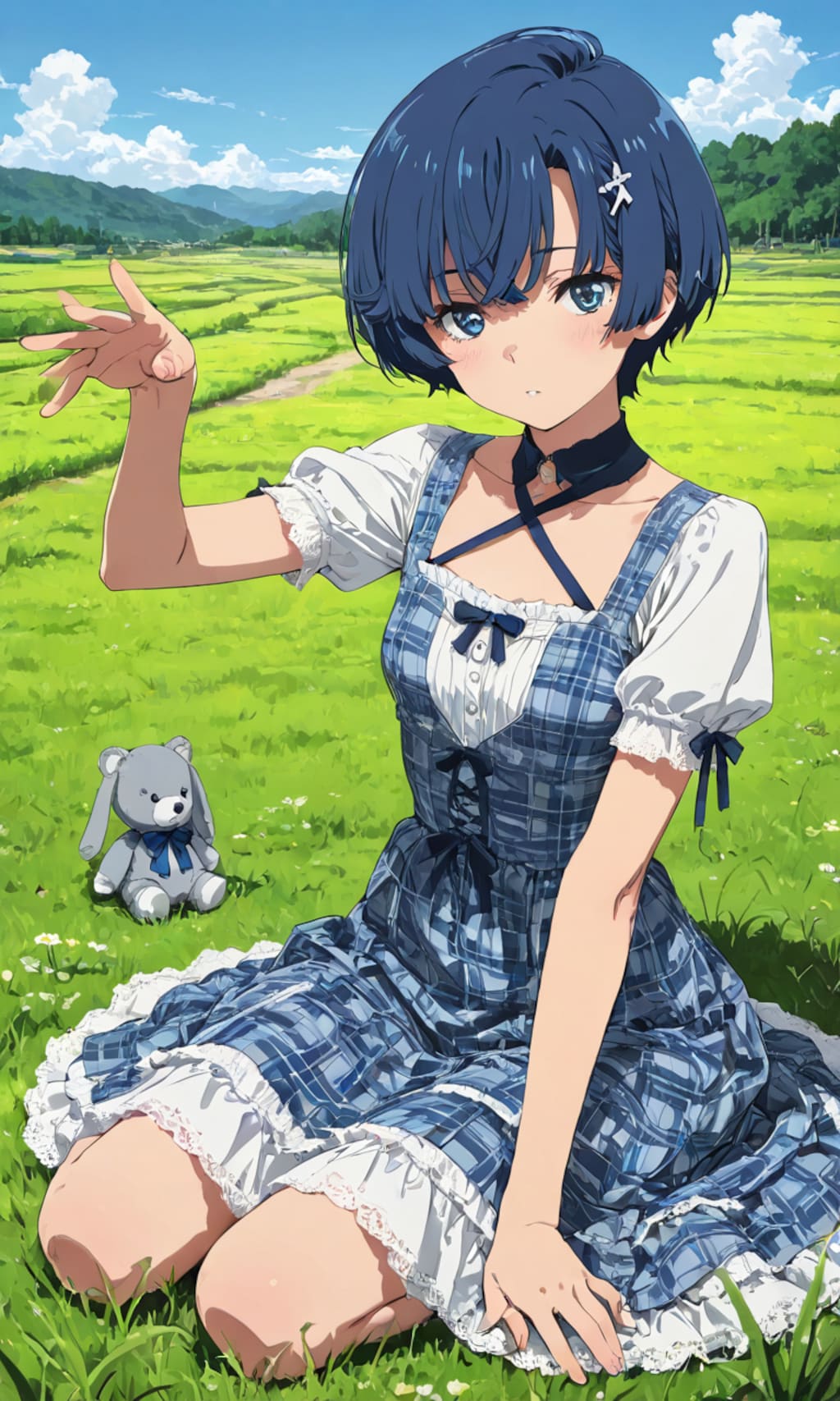 野っ原に座る少女の柑菜ちゃん