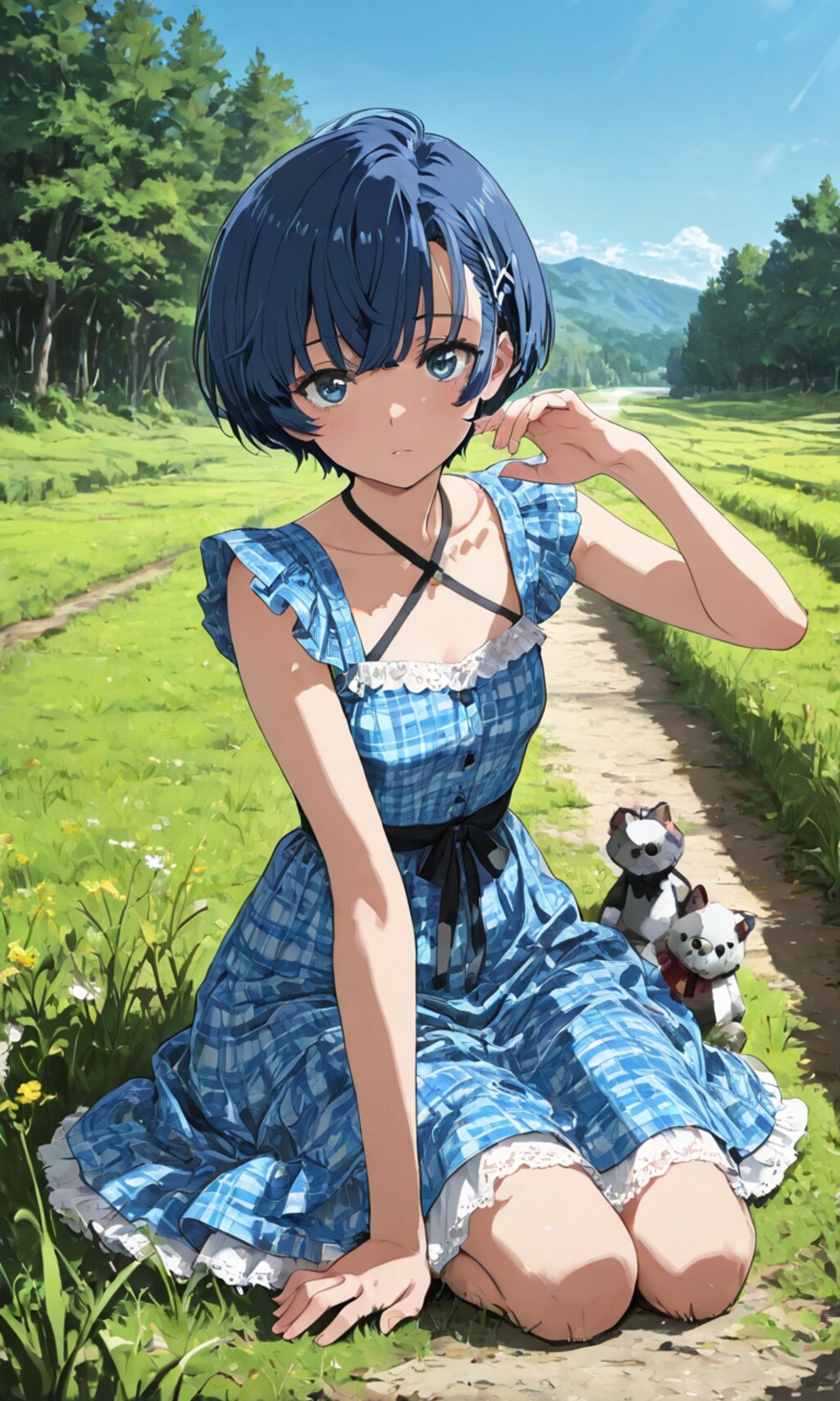 野っ原に座る少女の柑菜ちゃん