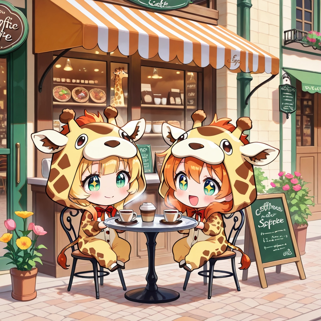 カフェでまったりキリン着ぐるみちび子ちゃん | の人気AIイラスト・グラビア