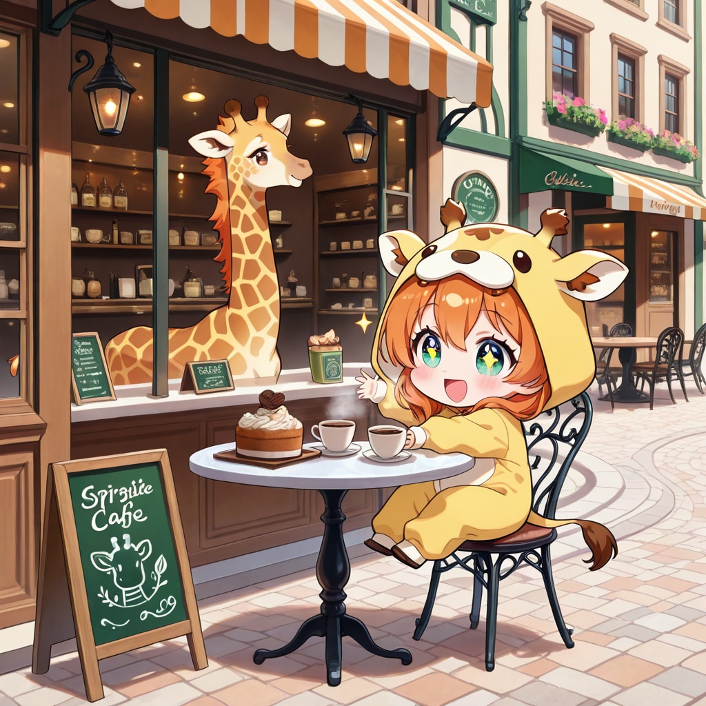 カフェでまったりキリン着ぐるみちび子ちゃん