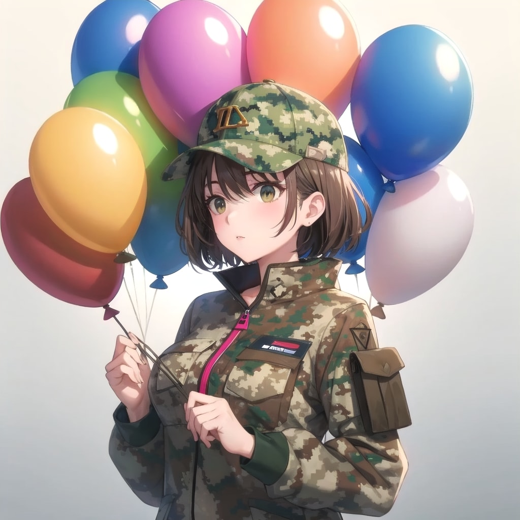 いっぱい風船を持つブラウンショートカットの迷彩服着た美女。 | の人気AIイラスト・グラビア