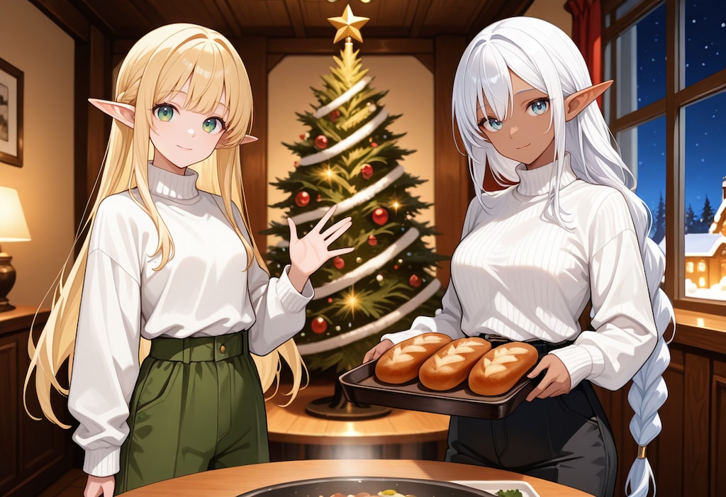 クリスマスパーティをするエルフ魔女さんとダークエルフさん