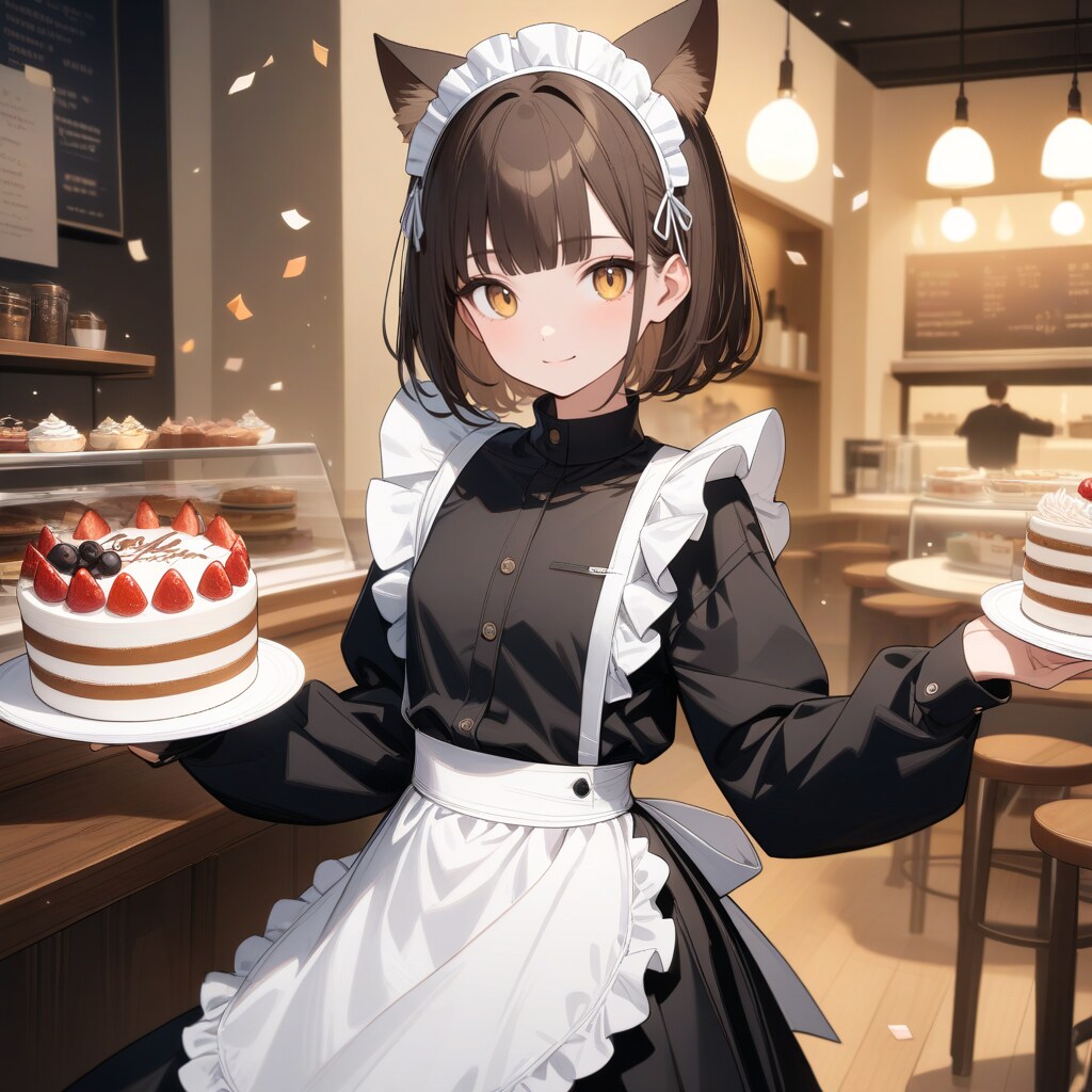 苺ケーキを運ぶ喫茶店で働く猫娘