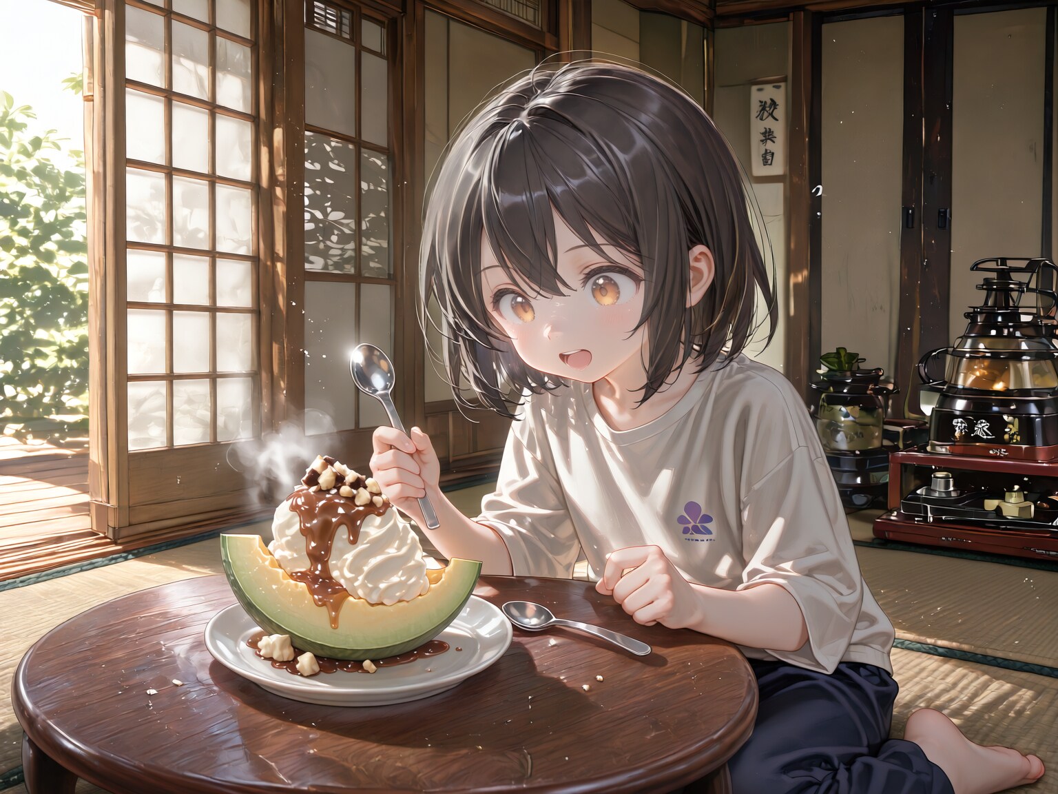 カットメロンウィズエクストラアイスクリームエクストラキャラメルソースクラッシュナッツトッピング。がおやつで出てきたおんなのこ | の人気AIイラスト・グラビア
