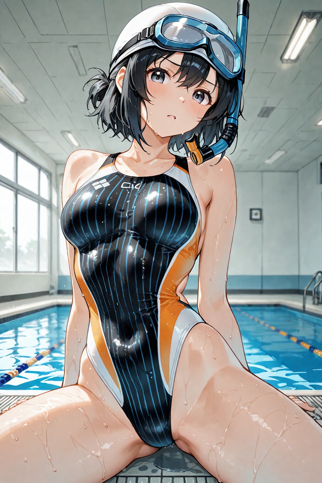 プールで座る競泳水着の少女