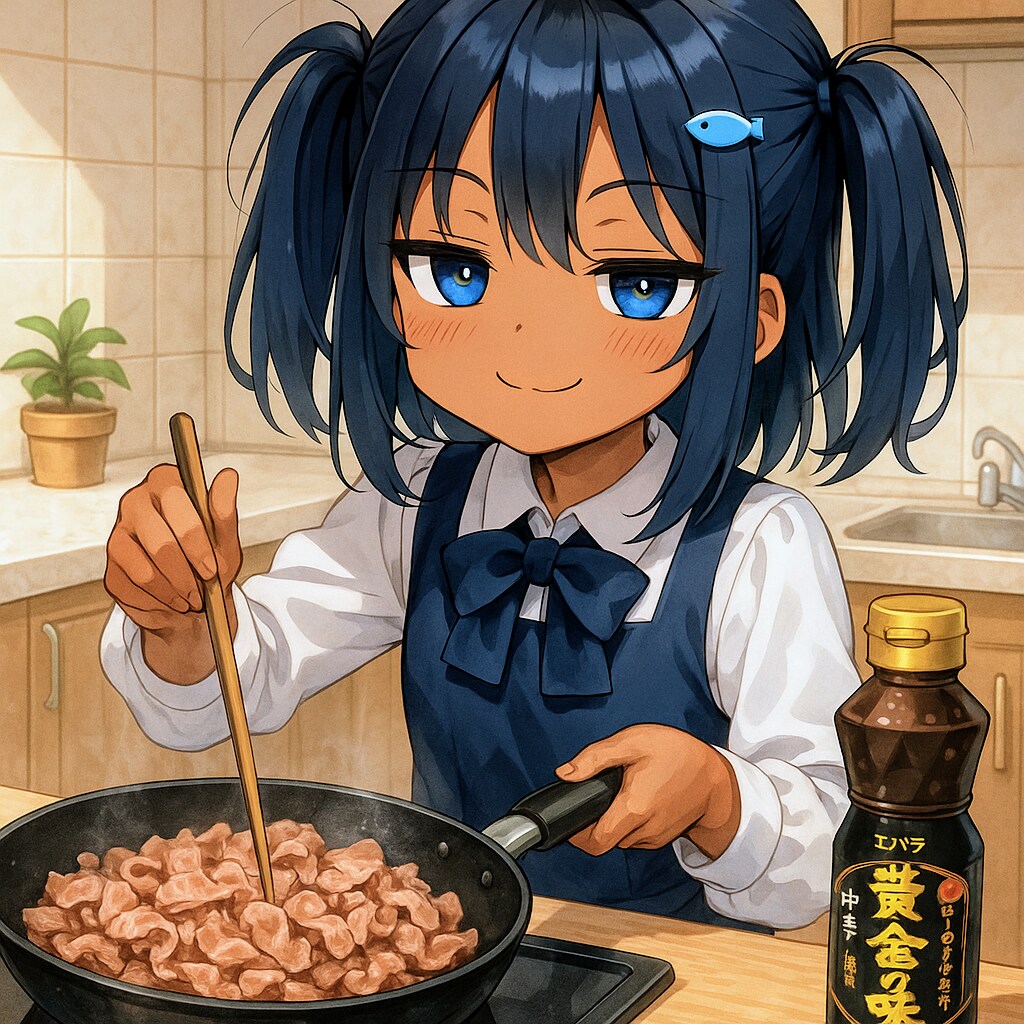 豚こまを焼肉のタレで炒めるこなつちゃん