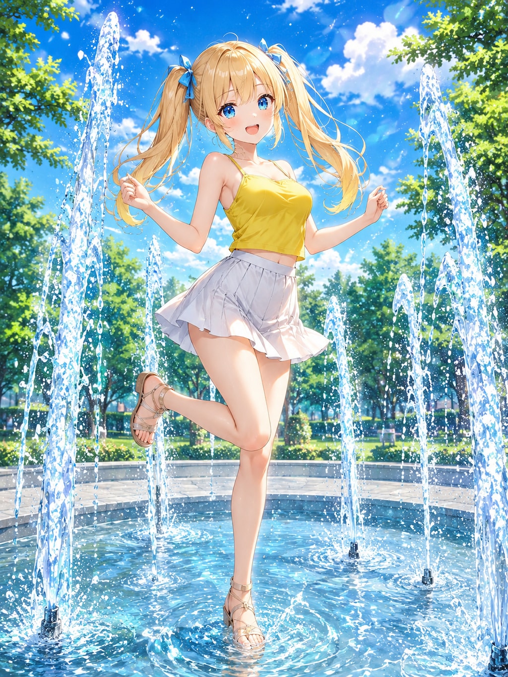 公園の噴水広場で遊ぶ女の子