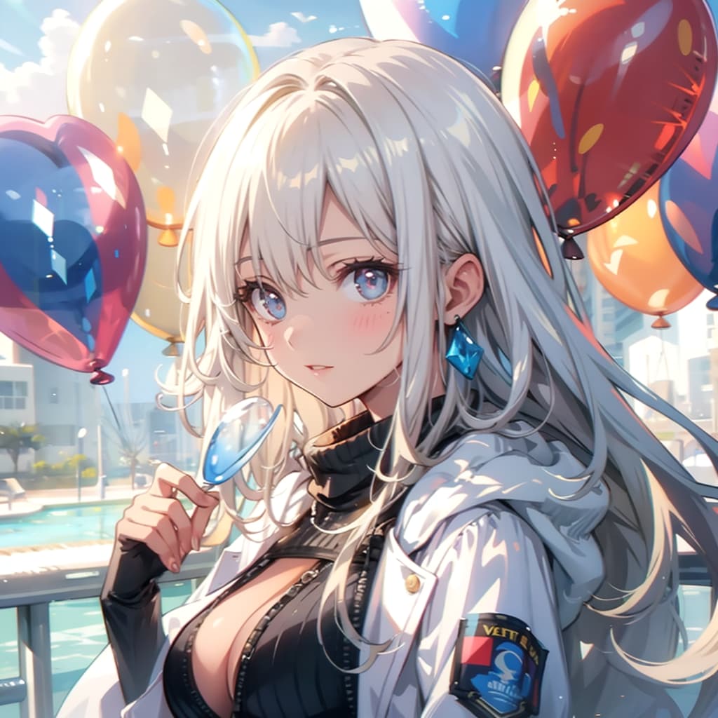 いっぱい風船を持つ白い髪ロングの白衣着た美女 | の人気AIイラスト・グラビア