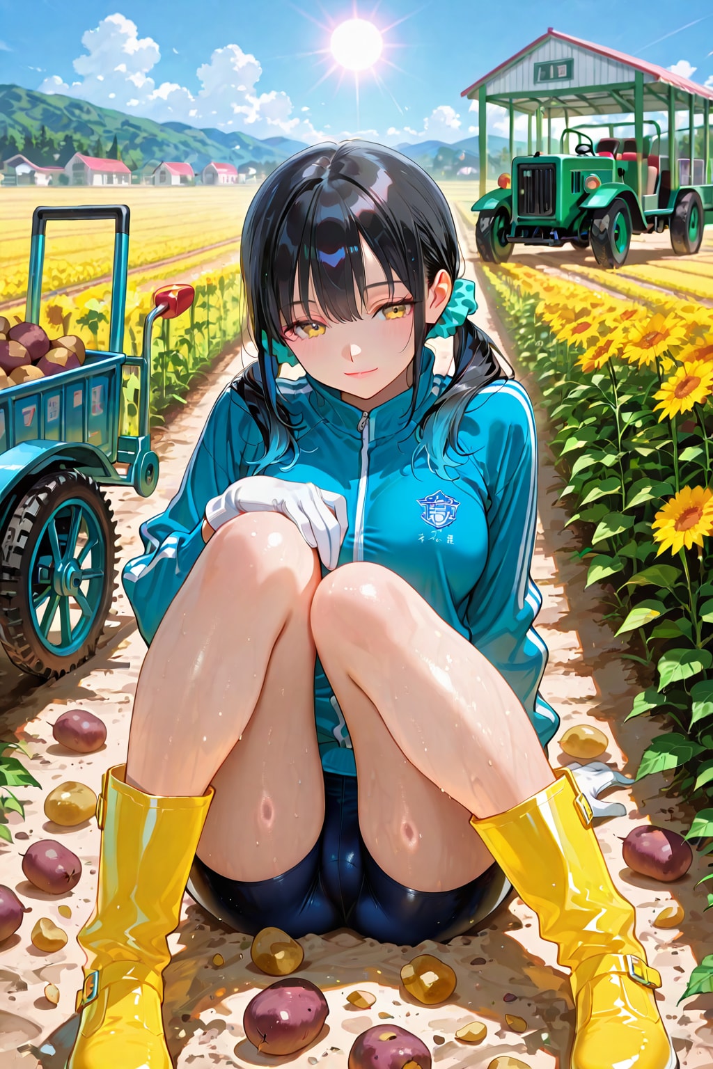 じゃがいも❤️たくさん取れたね❤️………うわぁ～❗えへへ❤️尻もち着いちゃった❤️ | の人気AIイラスト・グラビア