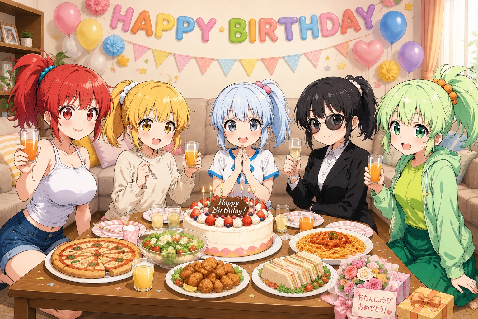【FA】赤・黄・白・黒・緑ぽにちゃん、お誕生日おめでとうございます🎂 | の人気AIイラスト・グラビア