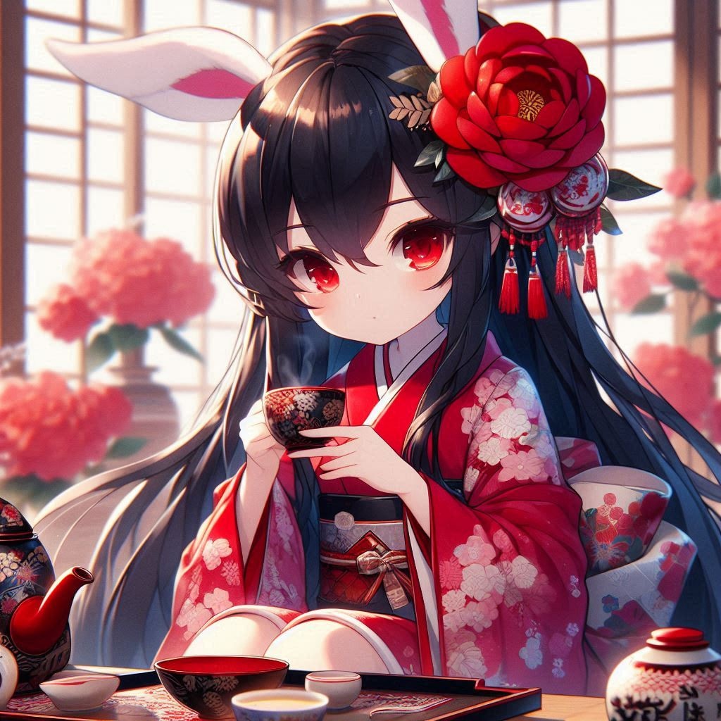 お茶飲むバニーなツバキさん