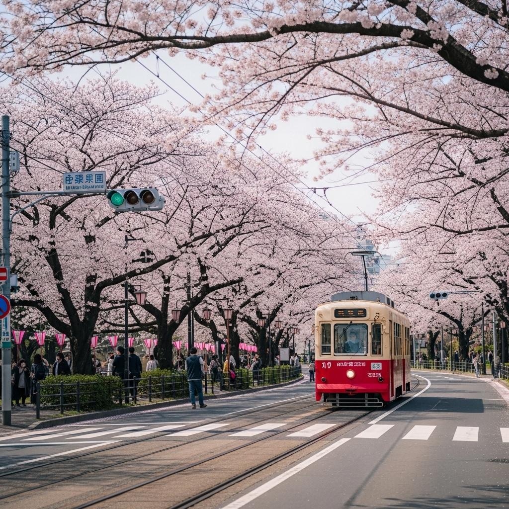 桜と路面電車