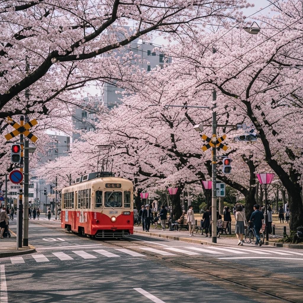 桜と路面電車