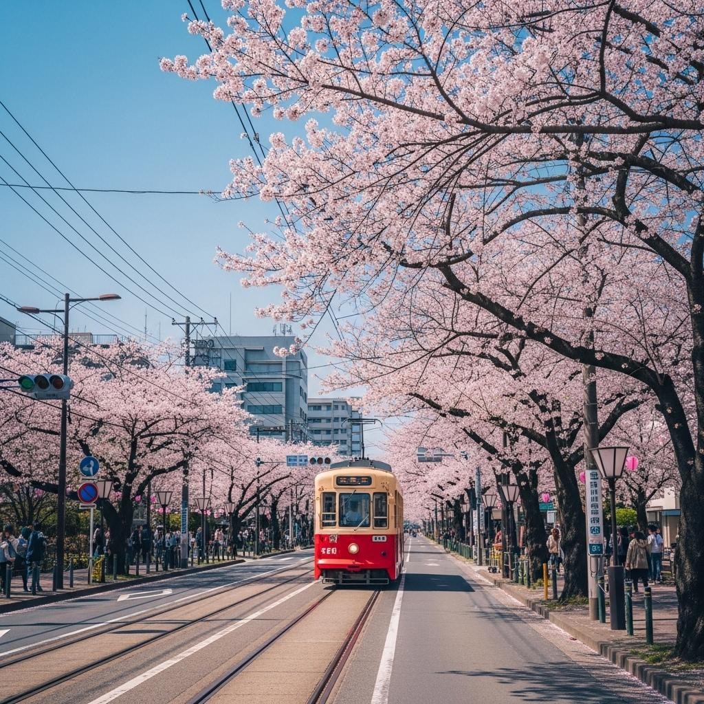桜と路面電車