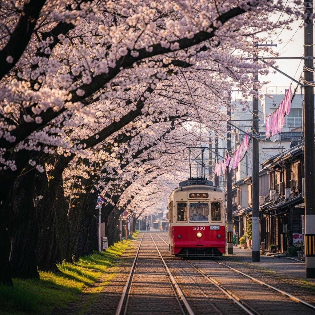 桜と路面電車